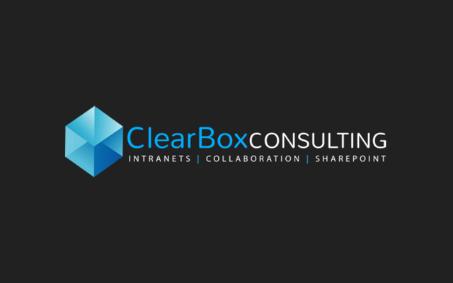 ClearBox Consulting logo with blue cube, text: INTRANETS | COLLABORATION | SHAREPOINT on black.