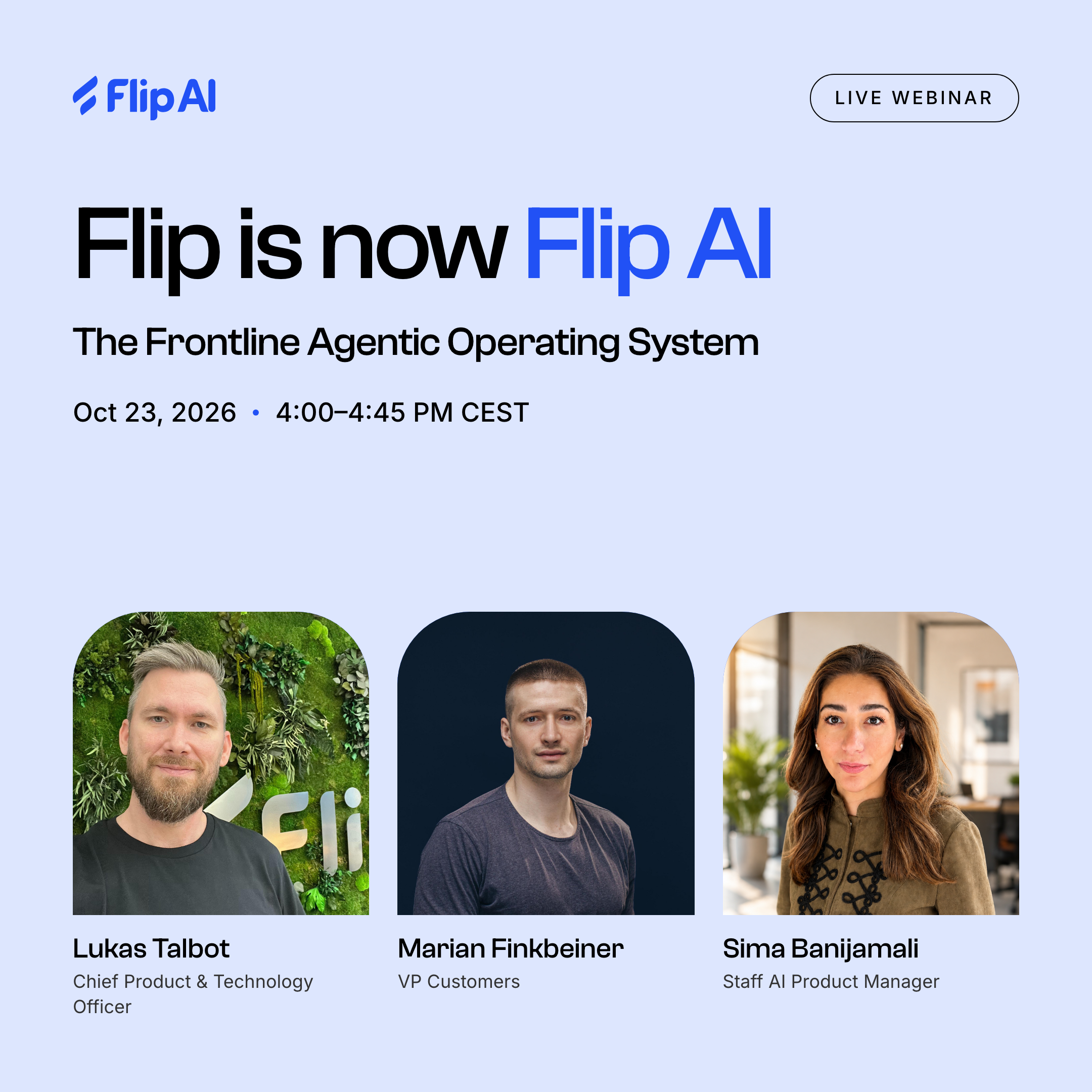 Flip is now Flip AI — The Frontline Agentic Operating System. Live webinar, Oct 23, 2026; speakers Lukas Talbot, Marian Finkb
