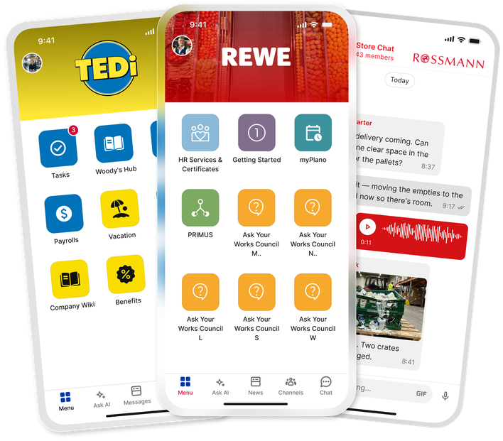 Retail app for HR, tasks, and messaging with REWE, TEDi, and Rossmann.