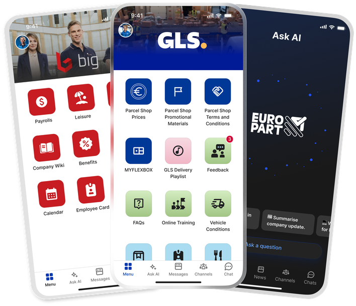 Three phone screens showing logistics and HR app interfaces.