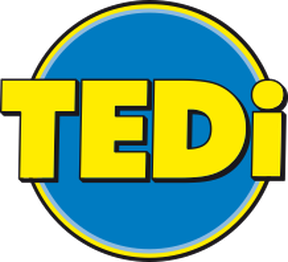 Logo with "TEDi" in bold yellow letters outlined in black on a blue circle with a yellow border.