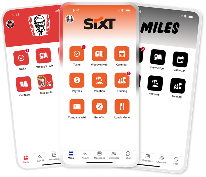 B2B-SaaS UI for hospitality: Tasks, Calendar, Training, Benefits apps displayed.