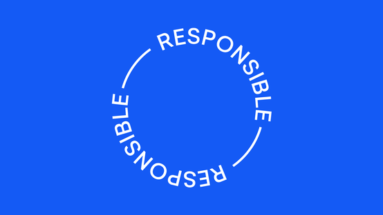 White circular RESPONSIBLE text on solid blue background, simple and decorative design.