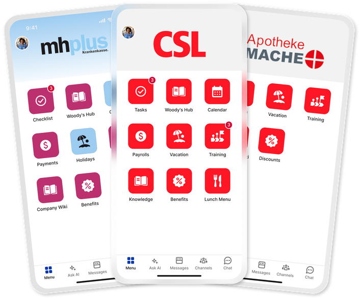 SaaS platform empowering healthcare frontline employees with various apps on mobile interface.