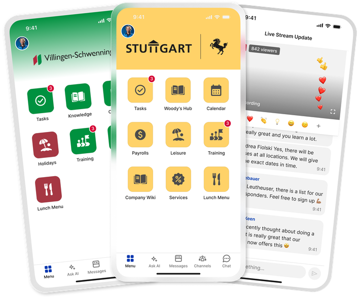 Employee app interface for tasks, payrolls, training, with live chat updates.