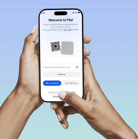 Hands holding phone displaying Flip login screen with QR code option.