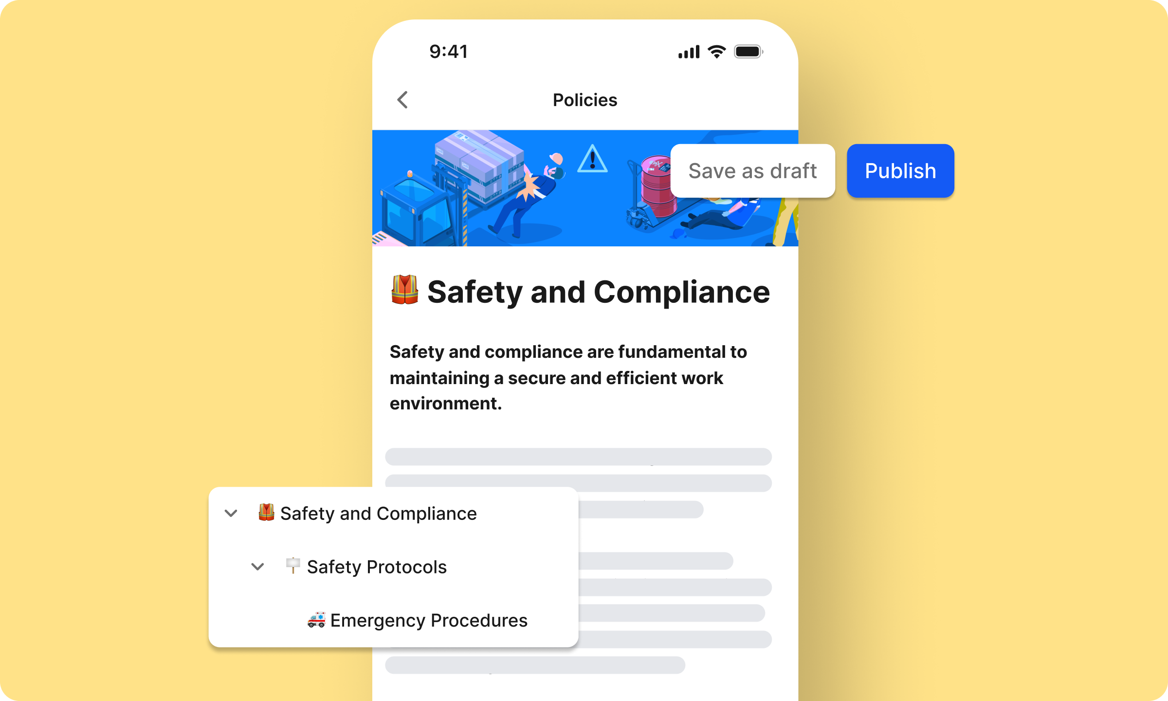 B2B-SaaS Employee App UI: Safety and Compliance policy, HR-Portal, Employee Experience Platform.