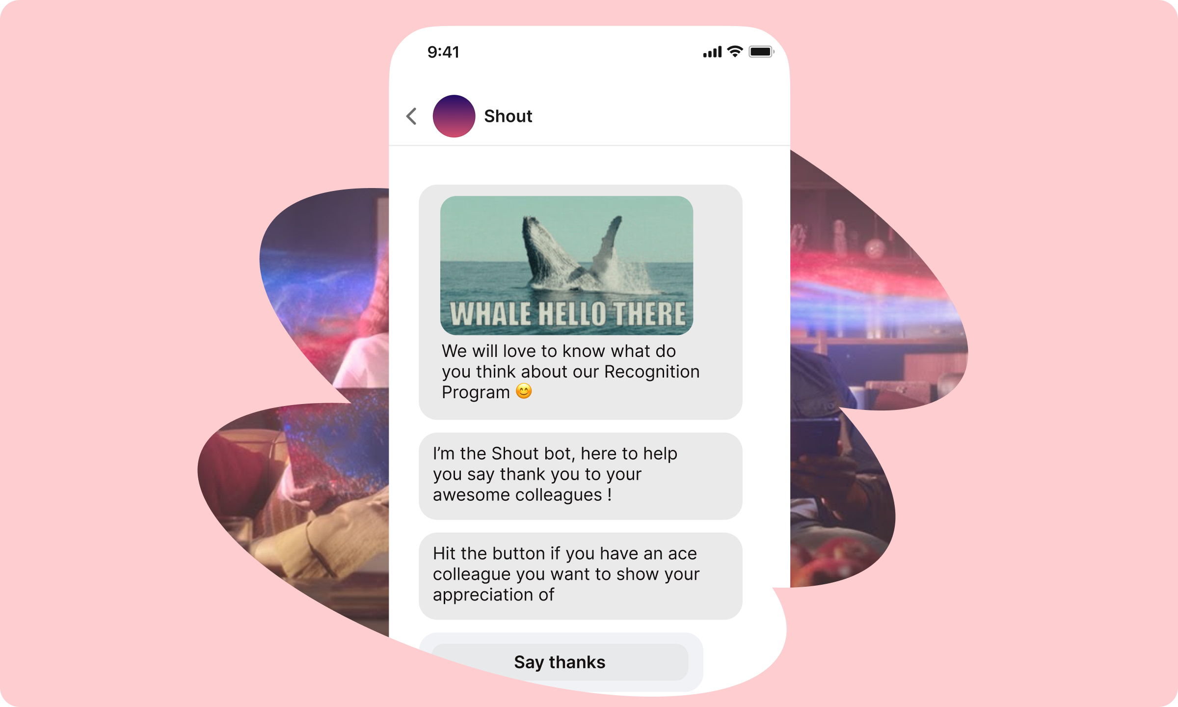 Employee App UI with Shout bot for recognition, boosting Employee Engagement, HR-Software, Intranet.