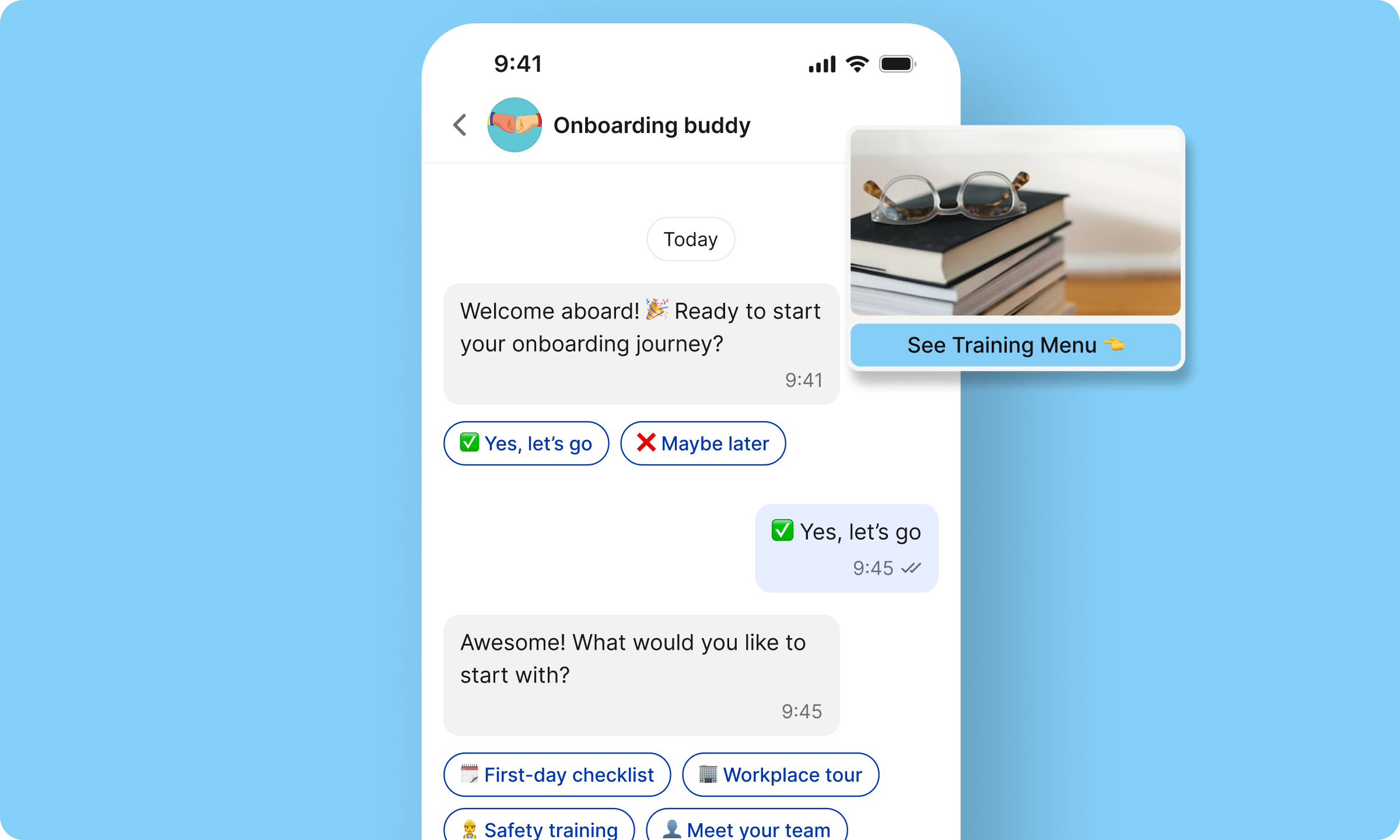 Onboarding buddy chat in Employee App with options for checklist, training, Flip Flows, HR-Portal.