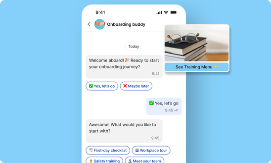 Onboarding buddy chat in Employee App with options for checklist, training, Flip Flows, HR-Portal.