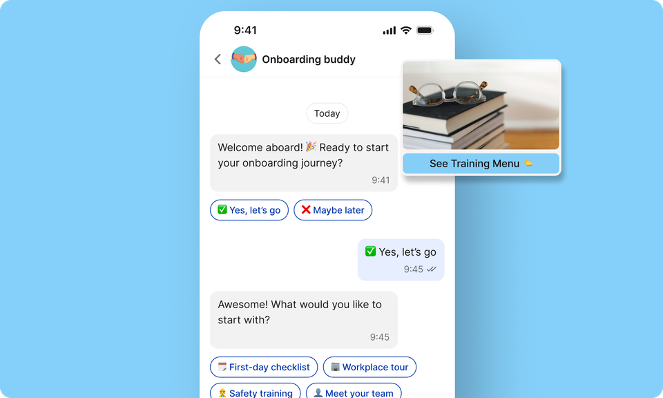 Onboarding buddy chat in Employee App with options for checklist, training, Flip Flows, HR-Portal.