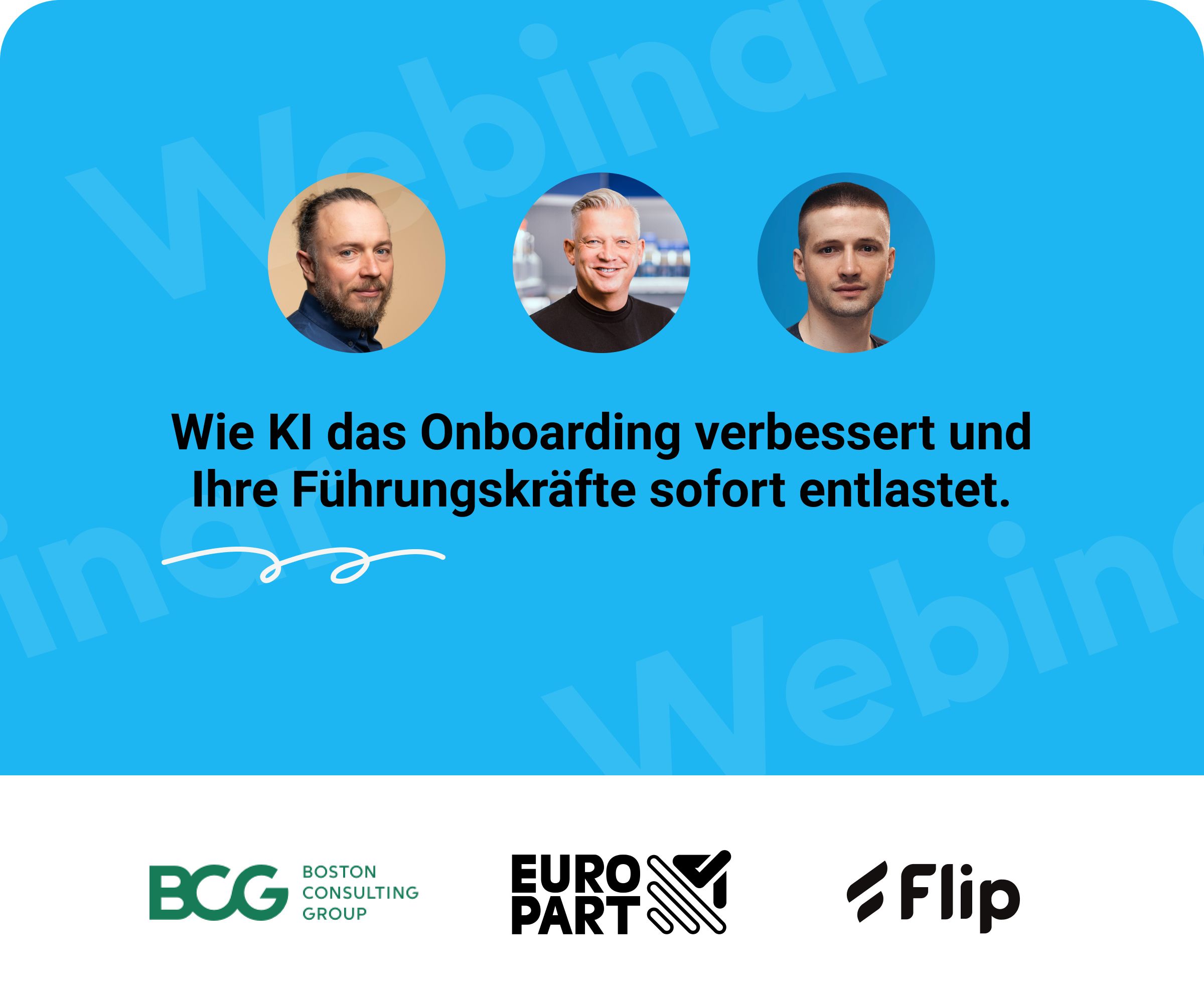 Webinar banner with three speakers and logos of BCG, Europart, and Flip.