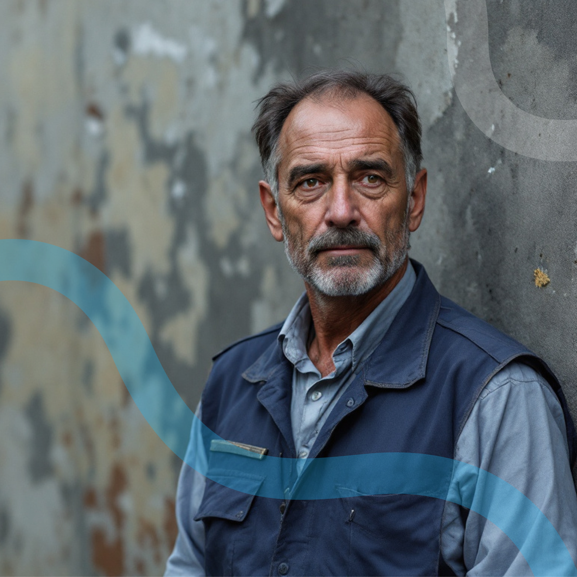 Older man in work vest stands by a wall; no visible UI, text, or B2B-SaaS platform elements.