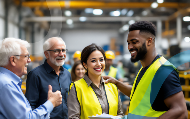Frontline workers in safety vests collaborate, empowered by Mitarbeiterplattform, Employee App, HR-Portal.