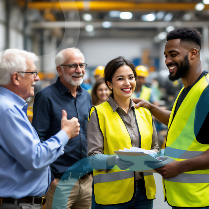 Frontline workers in safety vests collaborate, empowered by Mitarbeiterplattform, Employee App, HR-Portal.