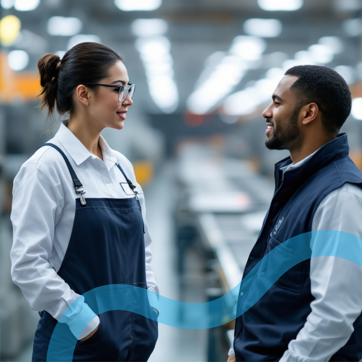 Two frontline workers chatting