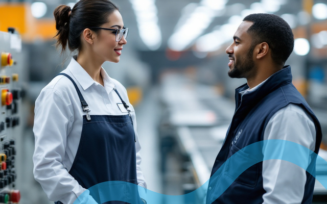 Two frontline workers chatting