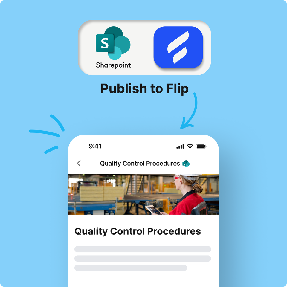 Sharepoint to Flip integration: Publish to Flip, empowering frontline via Employee App, HR-Portal.