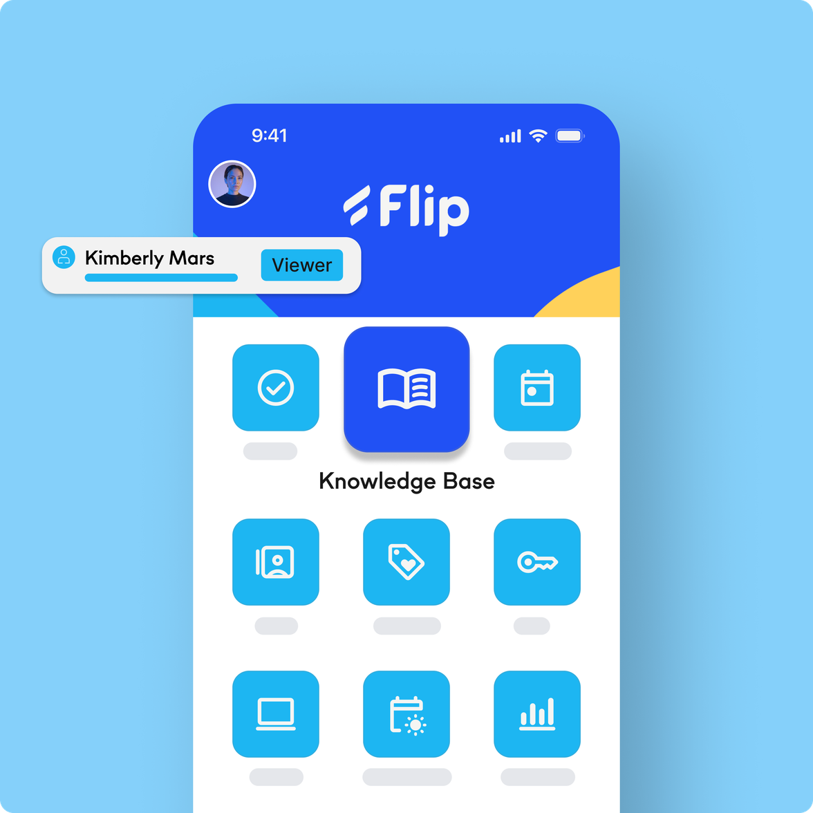 Flip Mitarbeiter App UI: Knowledge Base, empowering frontline via HR-Portal, Employee Experience Platform.