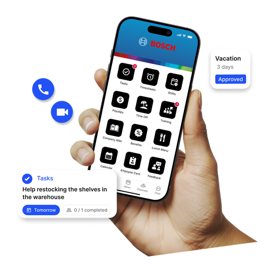 Hand holding a phone displaying Bosch employee app UI with tasks and vacation notifications.