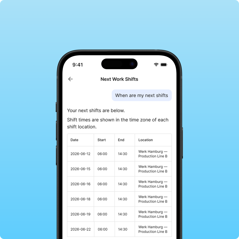 Mobile UI showing a schedule of upcoming work shifts with dates, times, and locations.