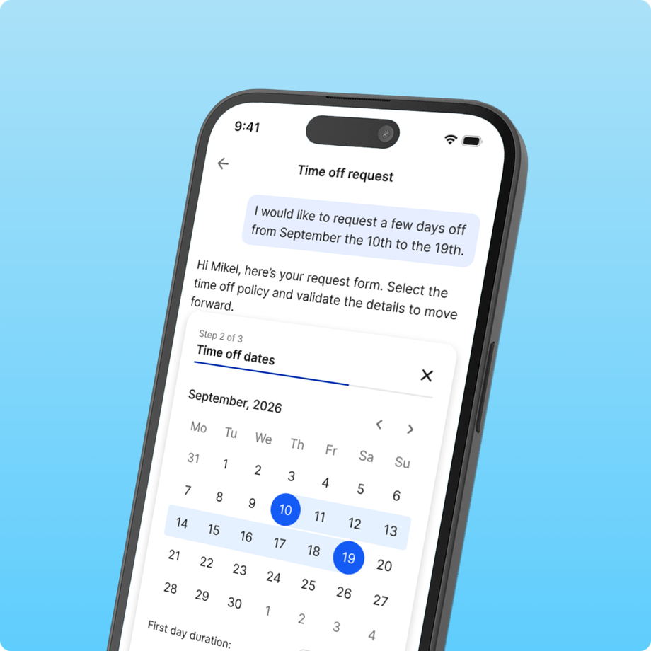 Mobile UI for time off request form for September 2026.