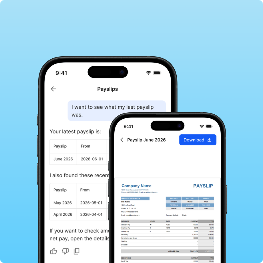 Mobile interface displaying payslip information and download option.