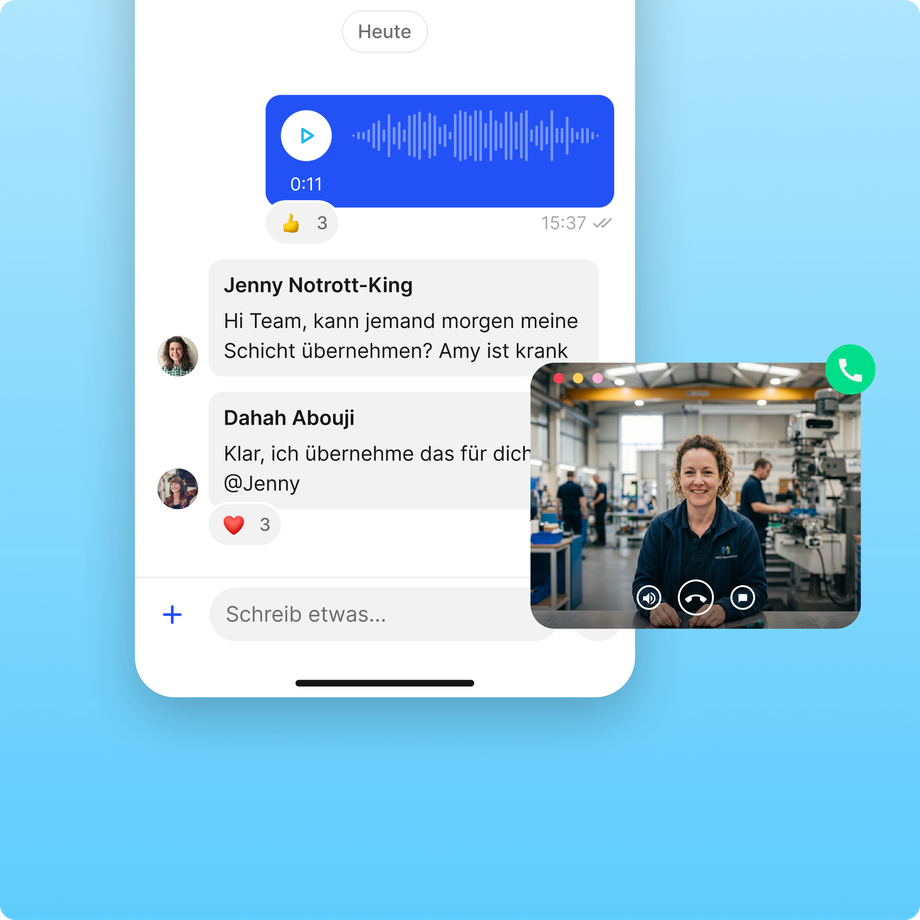 Chat interface with voice message and video call, supporting retail employees.