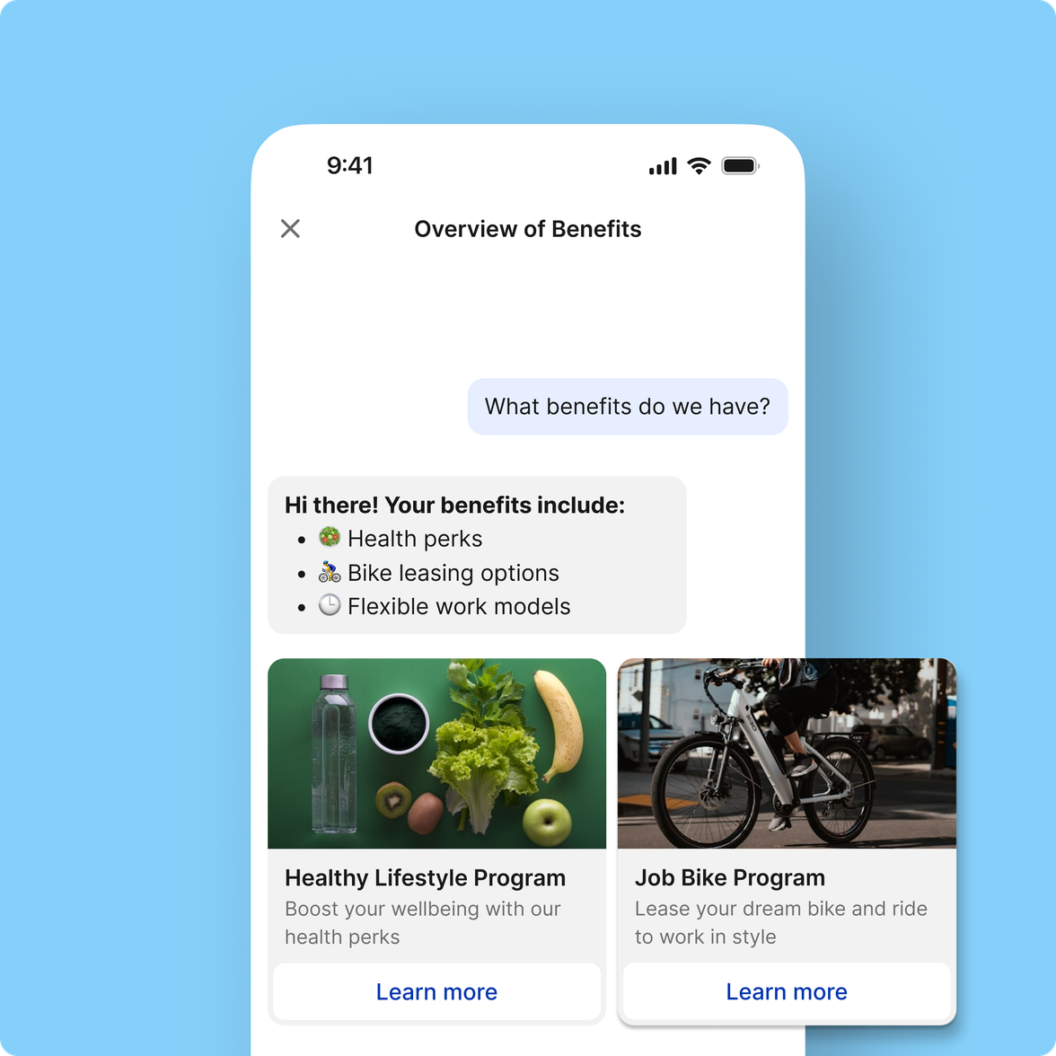 Employee App UI shows health perks, bike leasing, flexible work; Employee Experience Platform.