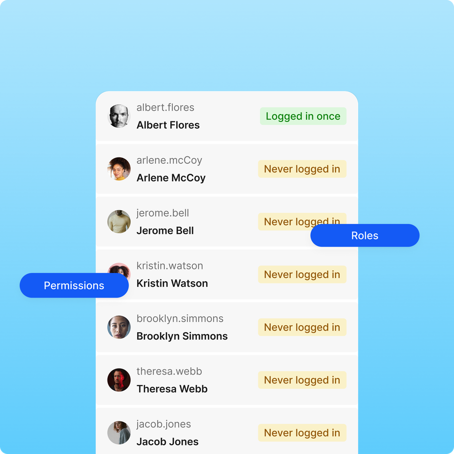 User roles and login status interface with Permissions and Roles buttons.