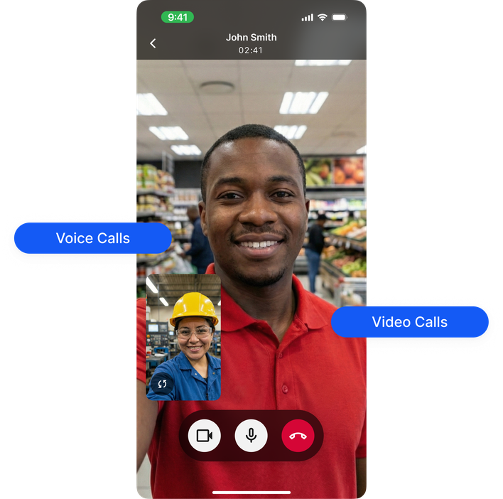 Video call interface showing two people in a retail setting