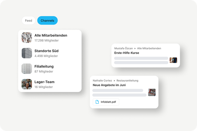 B2B-SaaS Mitarbeiterplattform UI mit Channels, HR-Portal, Employee App, Flip Flows, Intranet.