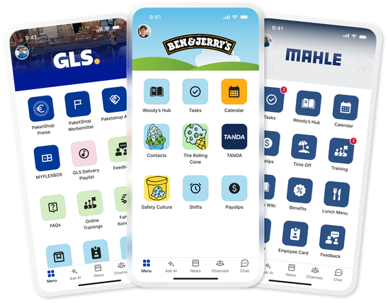 User interfaces of GLS, Ben & Jerrys, and MAHLE B2B-SaaS apps.