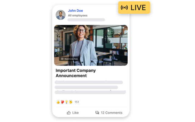 Employee Experience Platform UI showing LIVE company announcement, empowering frontline via comms.