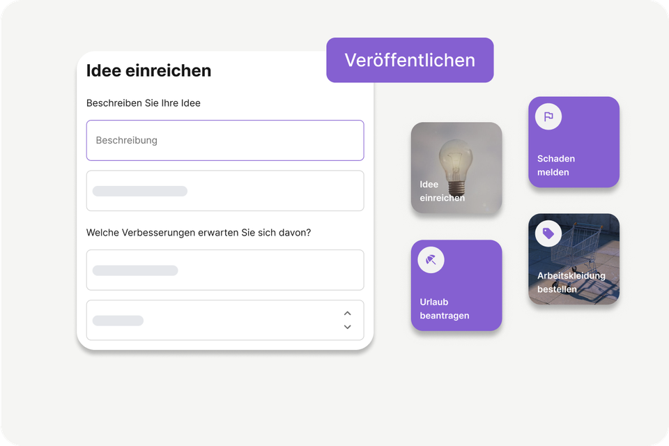 Mitarbeiterplattform UI mit Formular Idee einreichen, Flip Flows, HR-Portal, Employee App, Intranet.