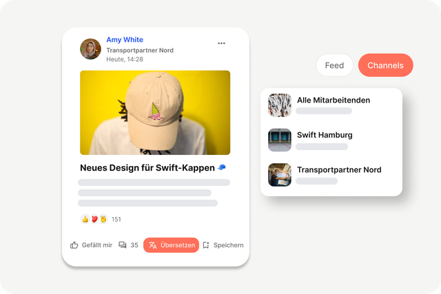 Mitarbeiterplattform UI mit Neues Design für Swift-Kappen, Employee App, HR-Portal, Channels.