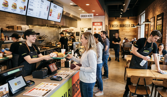 Fast food employees serving customers at Fresh Burger Co.