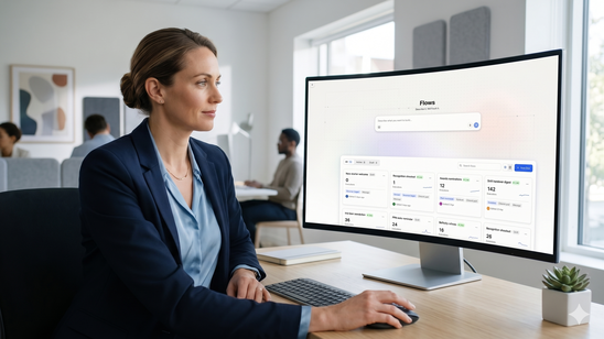 Woman using Flows B2B-SaaS software for HR, comms, and ops on a desktop.