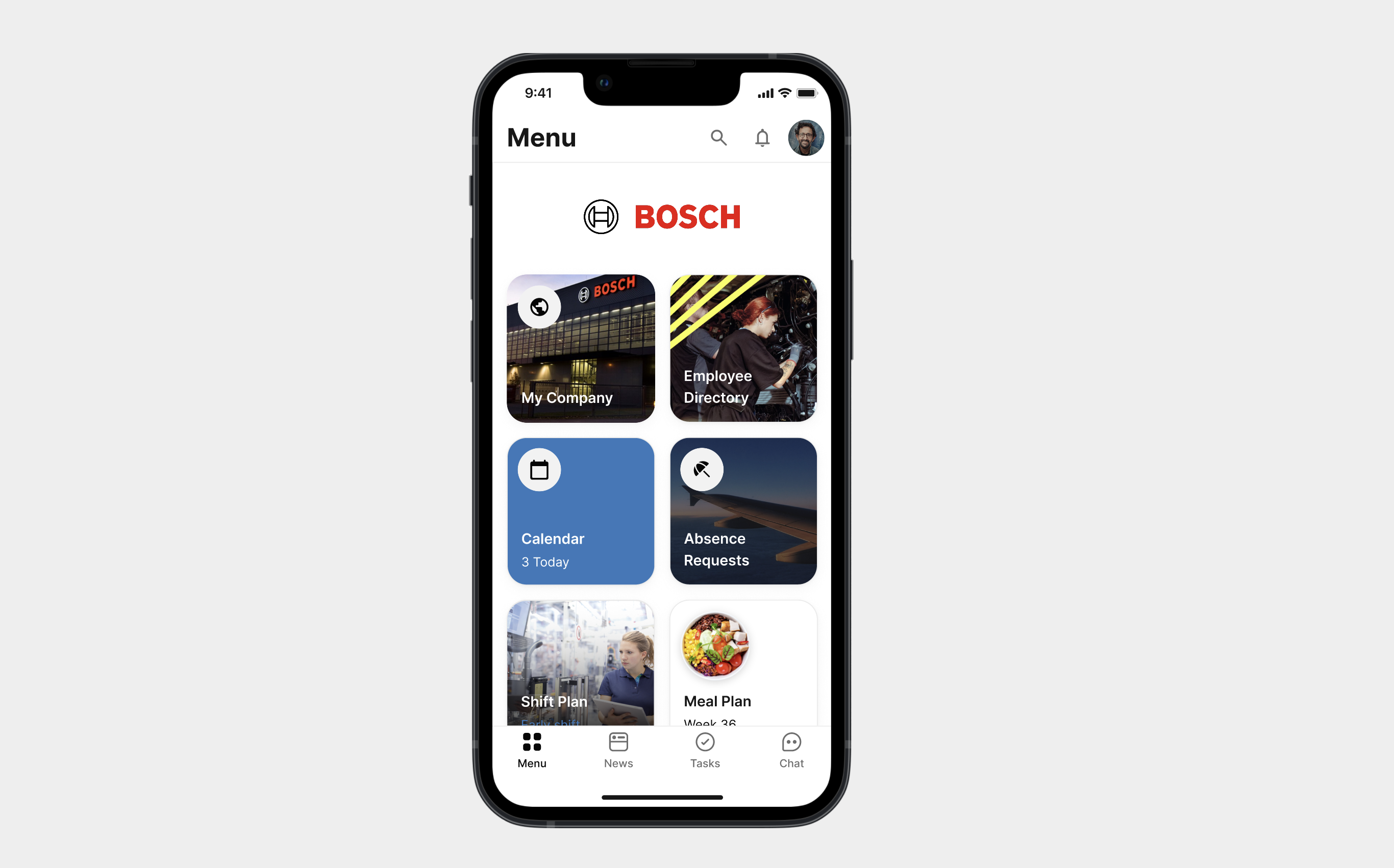 BOSCH Mitarbeiter App: Employee Directory, Calendar, Absence Requests, Shift Plan, Meal Plan, HR-Portal.