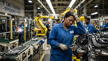 Worker in a factory looking frustrated, holding a tool.