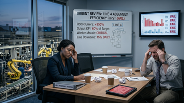 Two stressed employees in a meeting about poor assembly line performance.
