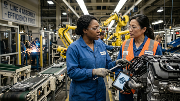 Two employees discussing in an industrial setting with machinery.