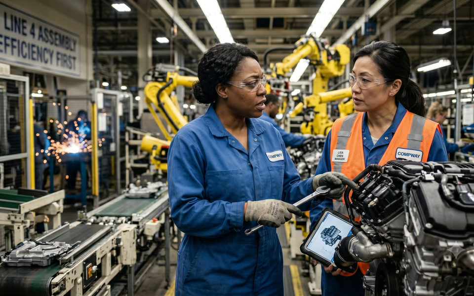 Two employees discussing in an industrial setting with machinery.