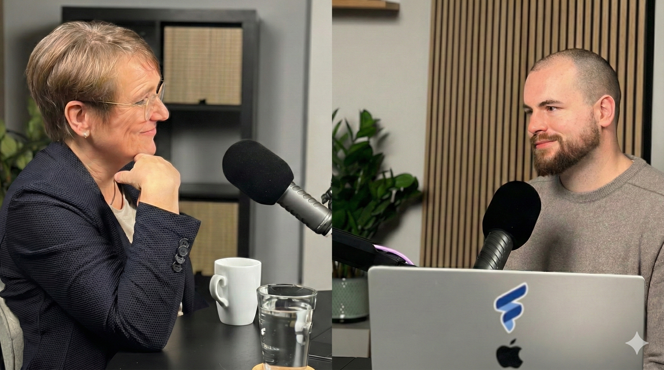 Two people in a podcast discussion with microphones.