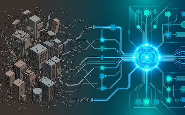 Illustration of data transformation from chaotic servers to organized digital network.