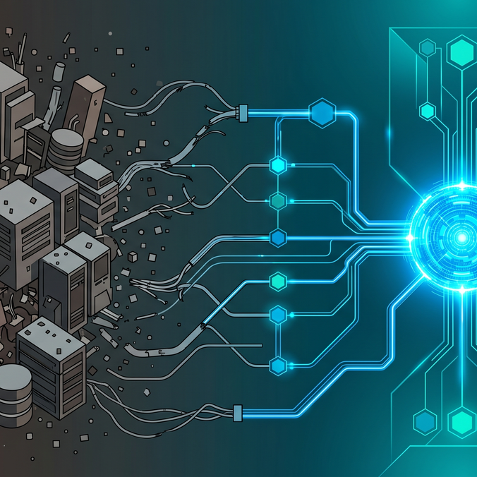 Illustration of data transformation from chaotic servers to organized digital network.