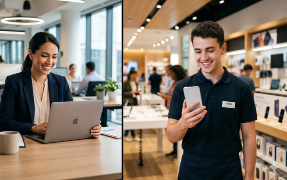 Office worker using a laptop and retail worker using a smartphone.