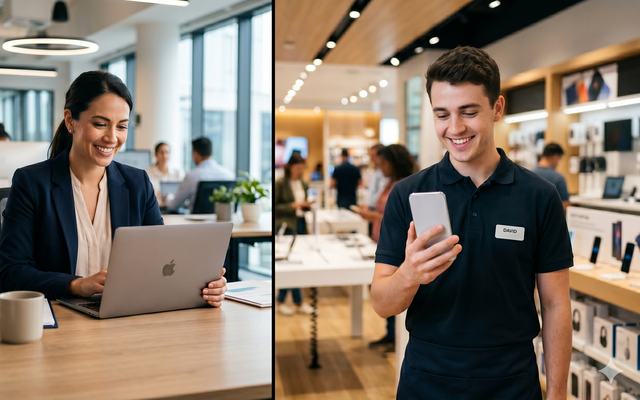 Office worker using a laptop and retail worker using a smartphone.
