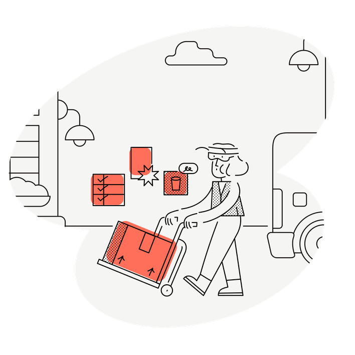 Person pushing a cart with boxes near a truck, speech bubble with le.