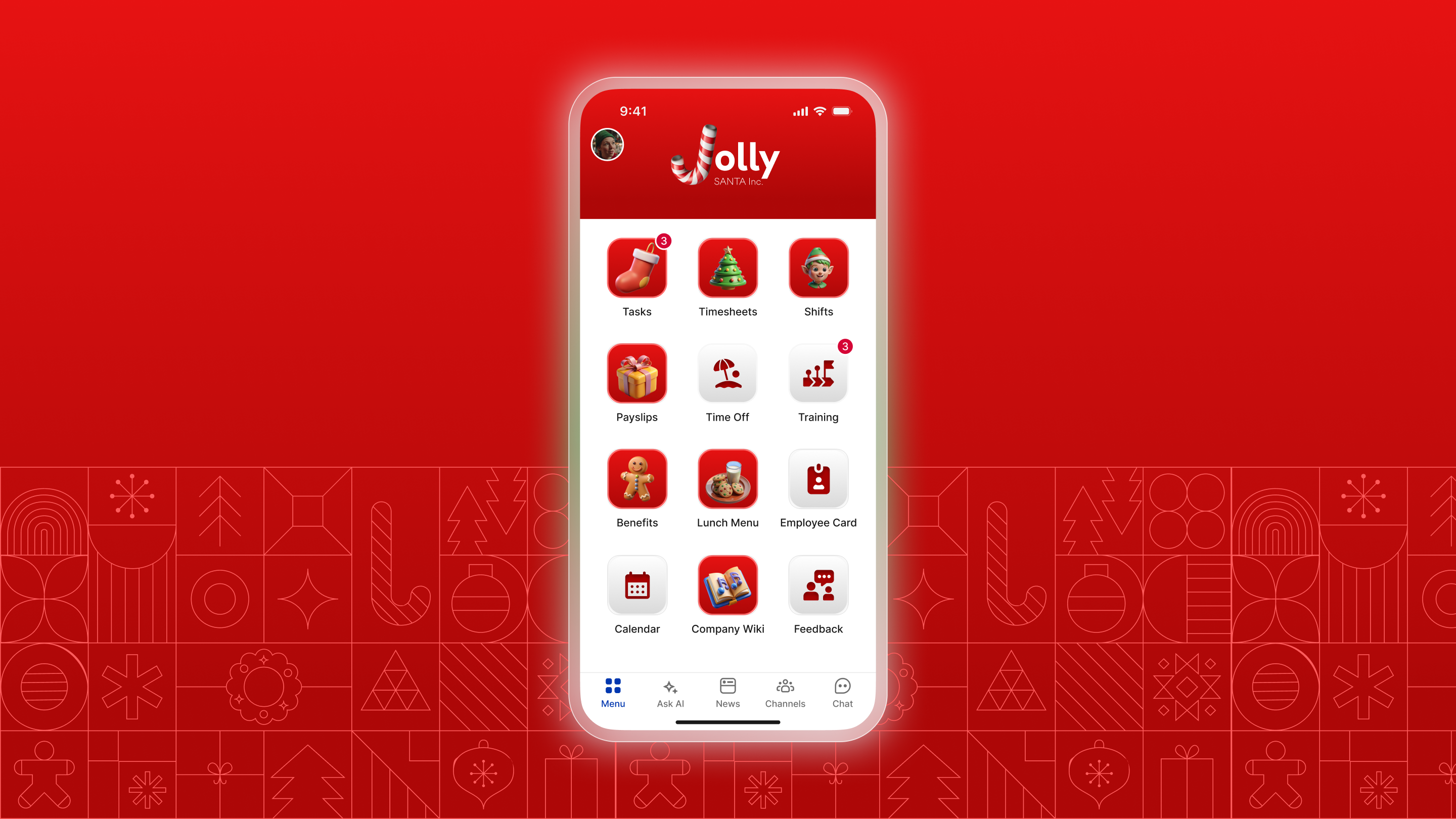 Mobile app interface with holiday-themed icons on a red background.